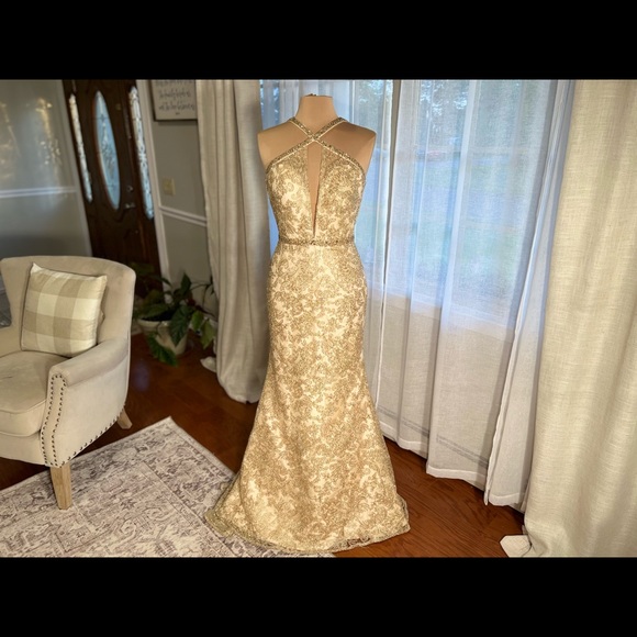 Exquisite Gold embroidered lace gown with dazzling beaded neckline and waistband - Picture 1 of 17